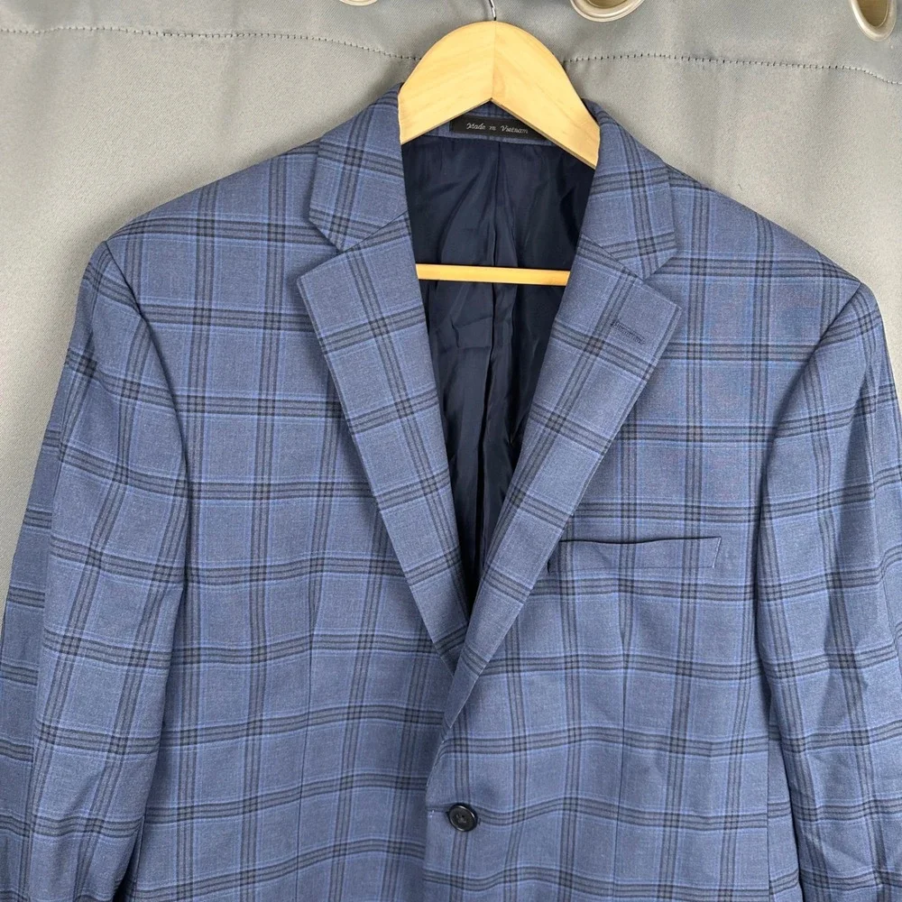 Van Heusen Flex Slim Fit Blue Plaid Blazer Sport Coat Mens 42R PO 4900100945